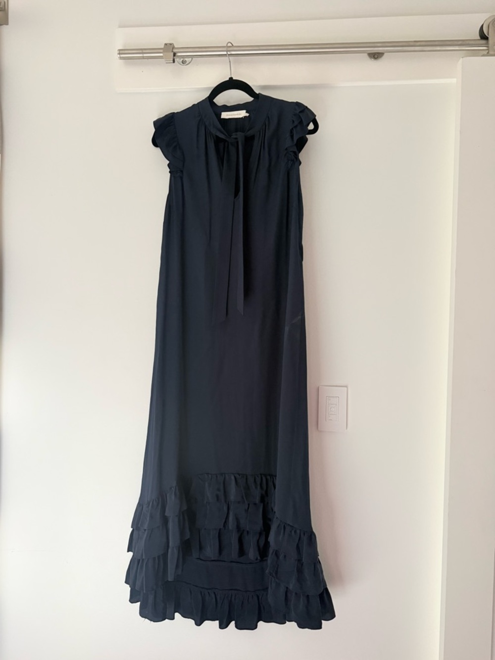 Zimmermann Navy Tie-Neck Ruffle Maxi Dress